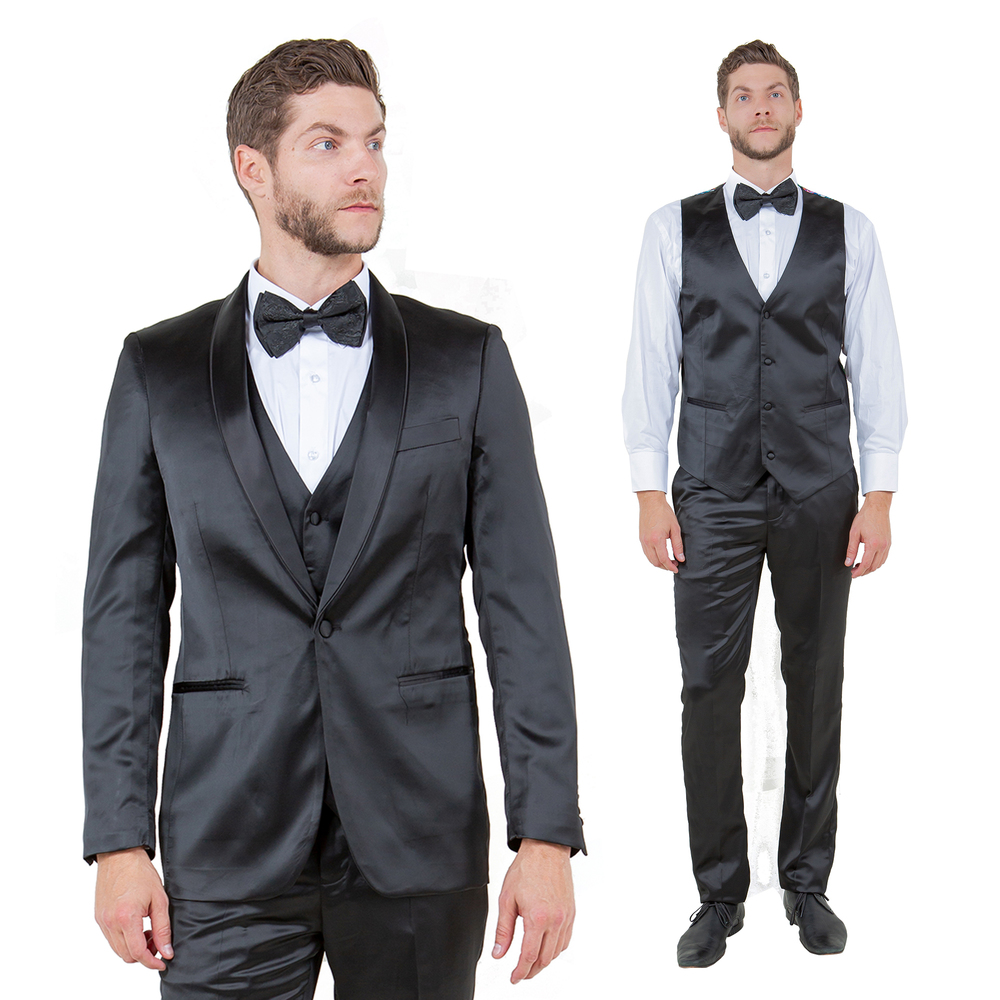 Skinny Fit 3pc Mens Satin Suit Set w/ Bowtie by Tazzio, Black